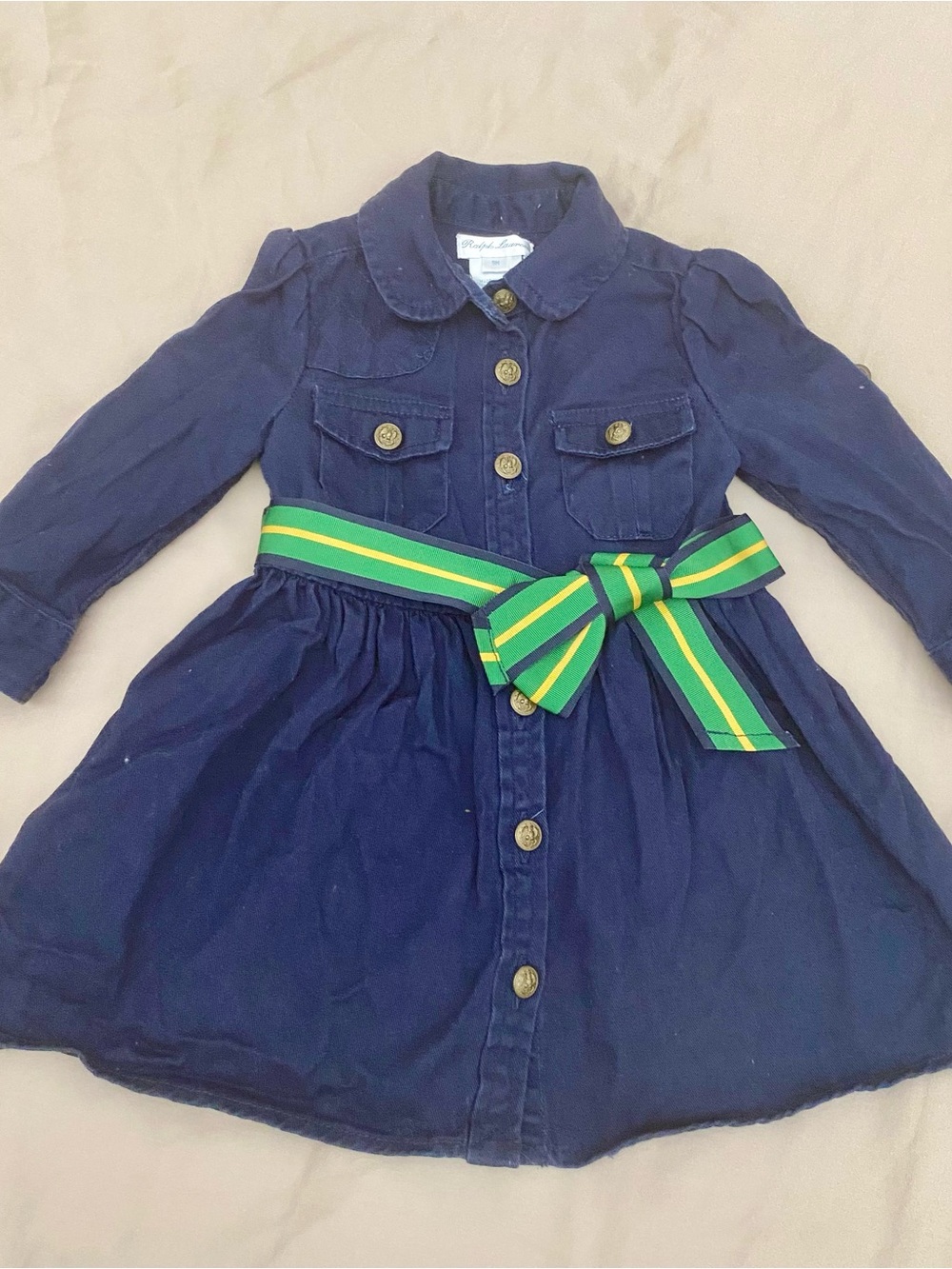 Ralph Lauren Navy Shirt Dress with Green and Yellow Striped Bow
